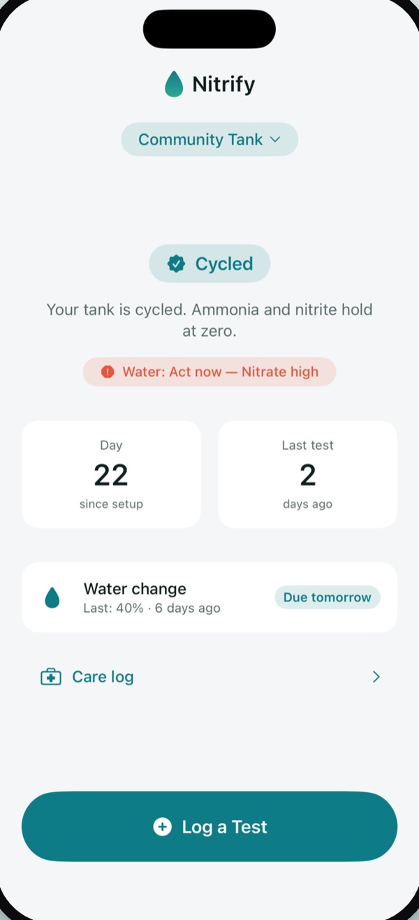 Nitrify home: Community Tank is cycled, with a nitrate warning