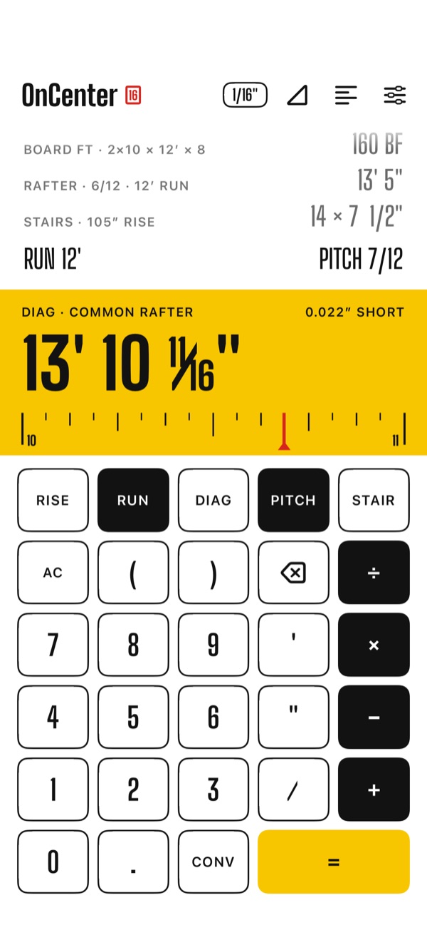 OnCenter calculator showing a common rafter of 13 feet 10 and 11 sixteenths inches on a yellow blade