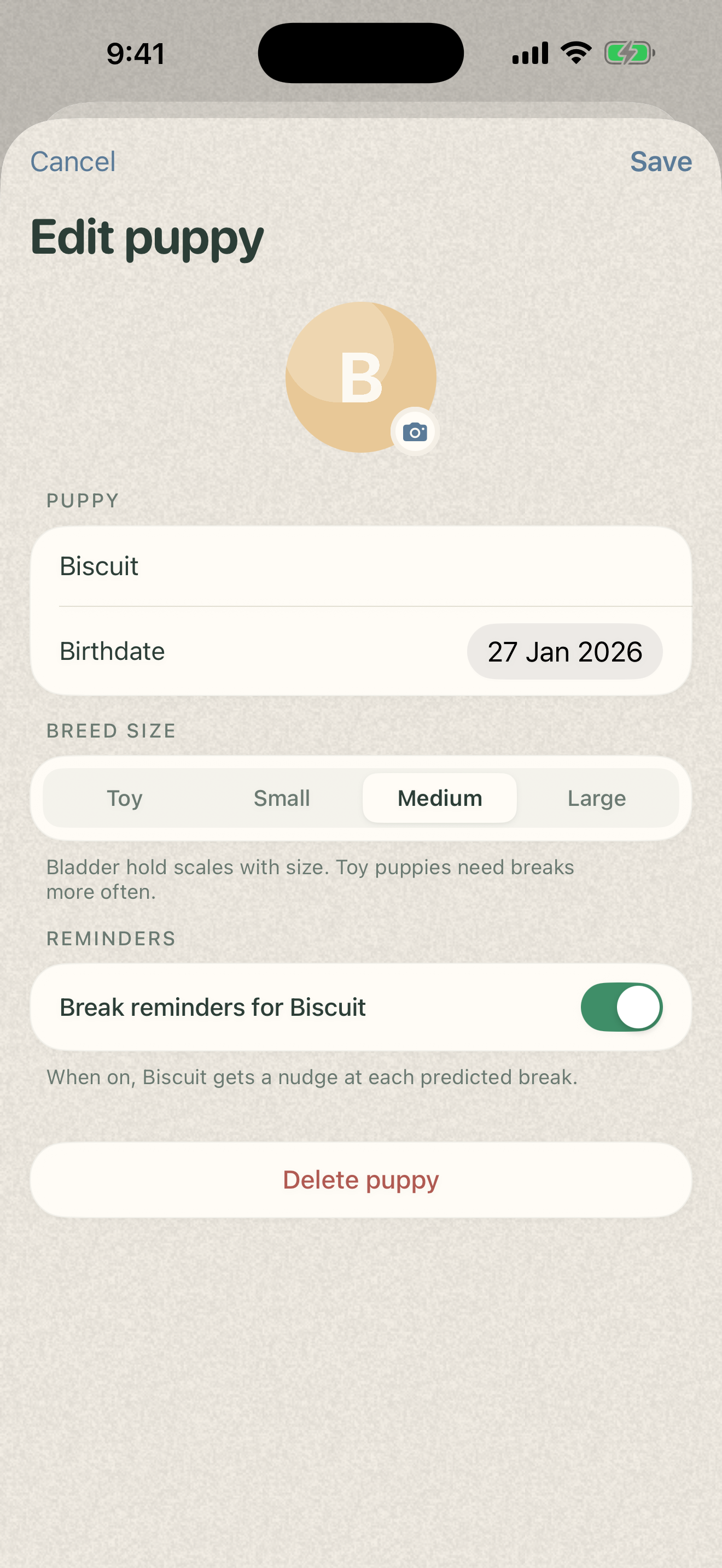 Edit puppy sheet with photo and breed picker