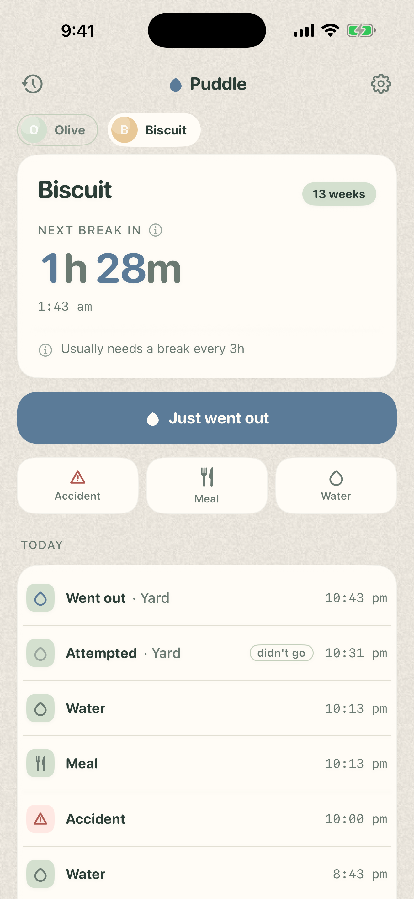 Puddle today screen showing a thirteen-week-old puppy named Biscuit with a one-hour-twenty-minute countdown to the next predicted potty break, a primary 'Just went out' button, and a timeline of the day's events