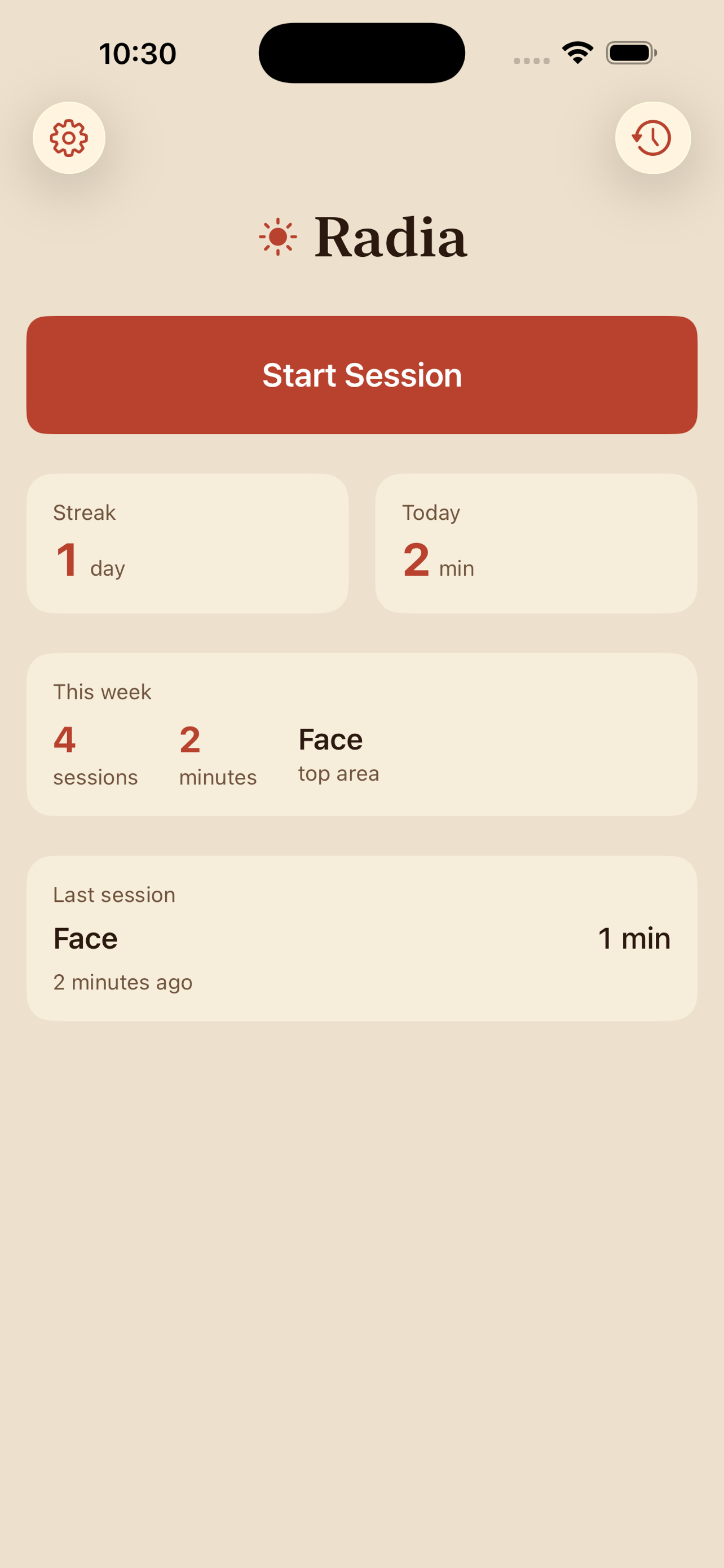 Radia home screen showing streak, weekly summary, and last session